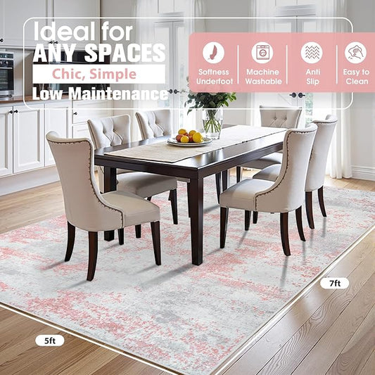5x7 Area Rugs for Living Room Rug Washable: Abstract Rug for Dining Room Bedroom Carpet Non Slip 5 by 7 Indoor Modern Nursery Home Office Pink
