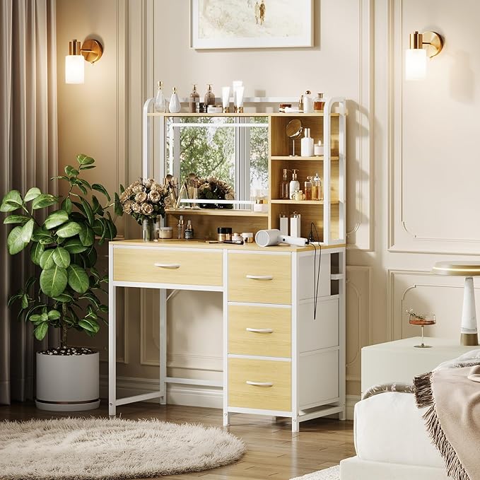 35.4" Vanity Desk with Square Mirror for Bedroom, Makeup Table with 4 Fabric Drawers & Storage Shelves, Modern Dressing Desk for Women Girls