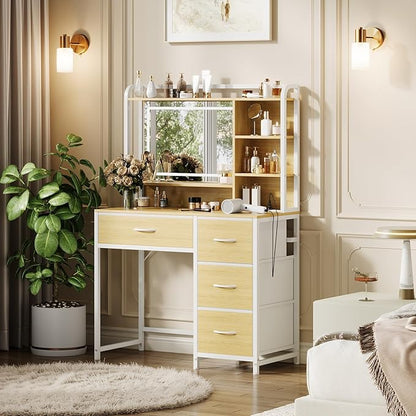 35.4" Vanity Desk with Square Mirror for Bedroom, Makeup Table with 4 Fabric Drawers & Storage Shelves, Modern Dressing Desk for Women Girls