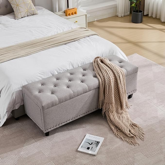 Tbfit 50.8“ Large Ottoman Storage Bench for Bedroom, Oversized Tufted Upholstered Entryway Benches End of Bed, Rectangle Dorm Foot Stool with Safety Hinge & Solid Wood Legs, Loads 660 lb, Light Gray