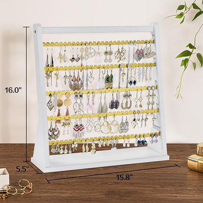 Poyilooo Earring Organizer Stand, Rustic Wood Earring Holder Rack, 5 Layer Jewelry Holder Organizer with 270 Earring Tree Holes Display for Stud Earings & Hoop Earrings, Gifts for Women (White&gold)