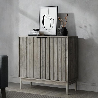 Fluted Cabinet with Storage, Buffet Cabinet Sideborad with 2 Doors, Grey Buffet Storage Accent Cabinets with Adjustable Shelves for Living Room, Entry, Hallway, Kitchen