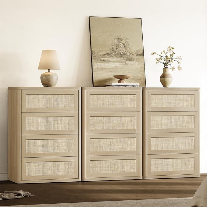 SICOTAS 4 Drawer Dresser for Bedroom-40.59'' Tall Rattan Bedroom Dressers with Oversized Drawers, Boho Wooden Chest of Drawers, Push-to-Open Storage Dresser for Closet, Nursery, Sand Oak, 3PCS