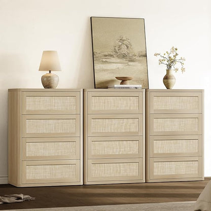SICOTAS 4 Drawer Dresser for Bedroom-40.59'' Tall Rattan Bedroom Dressers with Oversized Drawers, Boho Wooden Chest of Drawers, Push-to-Open Storage Dresser for Closet, Nursery, Sand Oak, 3PCS