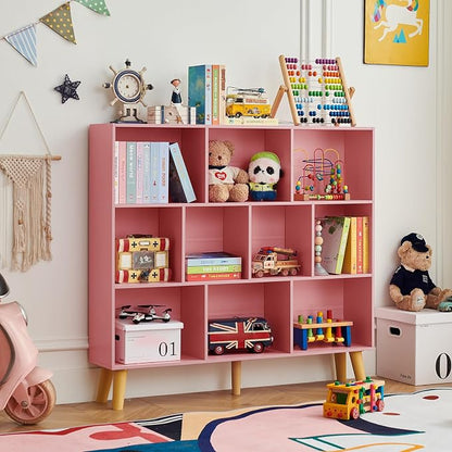 LEYAOYAO 10 Cube Bookshelf,3 Tier Modern Wide Bookcase with Legs,Mid-Century Wood Bookshelves Storage，Light Pink Large Book Case,Freestanding Organizer Display Shelf for Bedroom,Living Room,Office