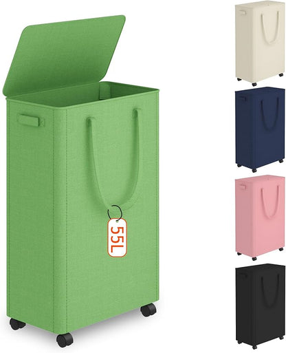 Slim Laundry Hamper with Wheels,15 Gal (55L) Rolling Laundry Basket with lid and wheels Clothes Hamper Foldable Tall Dirty Clothes Basket Sturdy Collapsible Clothes Hamper for Dorm,Laundry Room