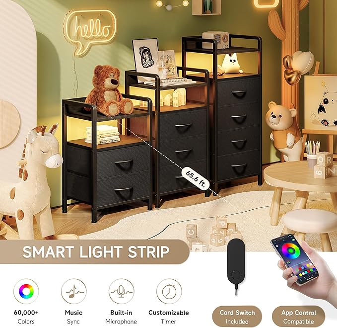 Lazzanto Night Stand Bedside Charger Bedroom - Nightstand with Charging Station & LED Light Strip, Night Stand with Storage Shelf & 3 Fabric Drawers, Morden End Table with U-S-B Ports & AC Outlets