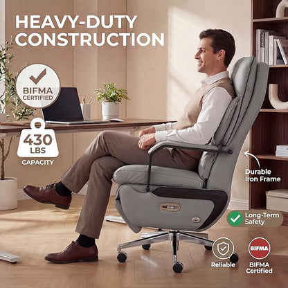Dual Motor Executive Home Reclining Office Chair with Footrest - One-Click Electric Recline with Massage & Pillow Support Big and Tall PU Leather Ergonomic Desk Chair, High Back Wide Seat (Gray)