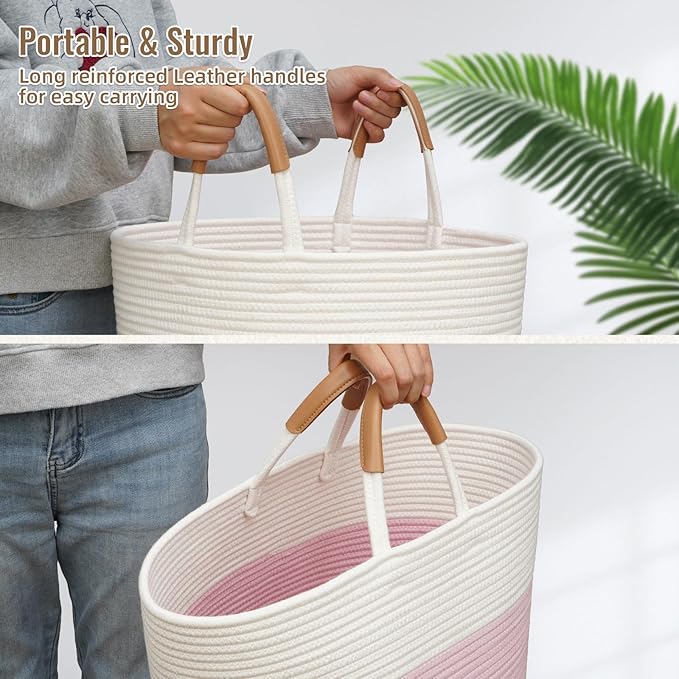 Degeyoyo 60L Striped Laundry Basket, Pink Laundry Hamper with Leather Handles, Woven Cotton Rope Storage Bin for Blankets, Nursery Hamper for Clothes, Toys In Bathroom, Livingroom, Bedroom