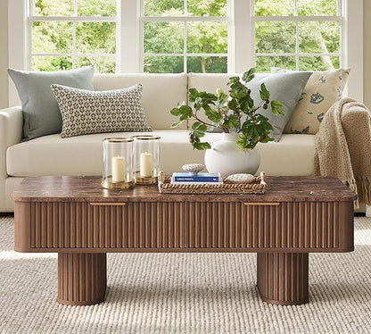 Win2win Fluted Coffee Table with Storage, Mid Century Modern Coffee Table with Faux Marble Top, Minimalist Rectangle Center Table with Sculptural Pedestal Legs & Drawers for Living Room/Office, Walnut
