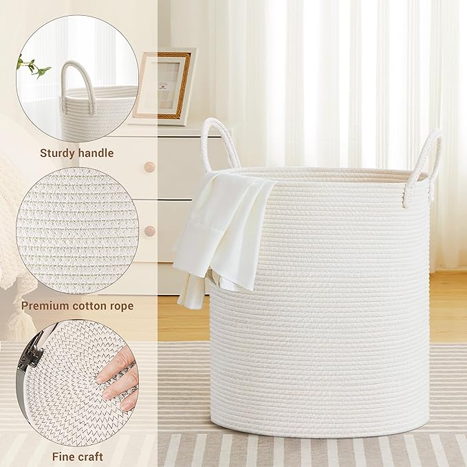 SunNewt Tall Laundry Basket with Handles, 88L Portable Dirty Clothes Hamper, Boho Cotton Rope Storage Bin for Blankets Kids Toys Gifts, Large Organizer for Baby Nursery Bedroom Bathroom, White