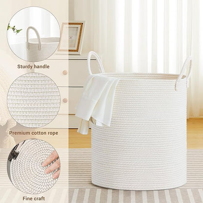 SunNewt Tall Laundry Basket with Handles, 88L Portable Dirty Clothes Hamper, Boho Cotton Rope Storage Bin for Blankets Kids Toys Gifts, Large Organizer for Baby Nursery Bedroom Bathroom, White