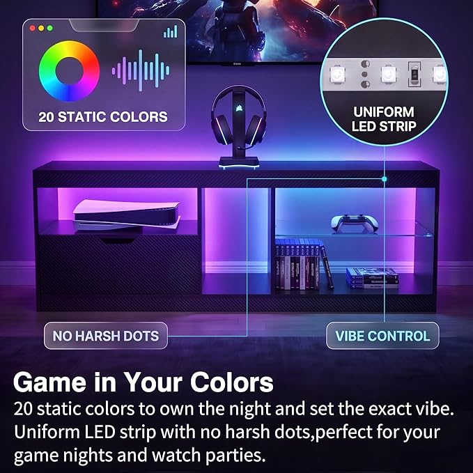 JUMMICO TV Stand, Entertainment Center LED Gaming TV Stand for 65+ Inch TV Carbon Fiber Top, Dynamic RGB Modes TV Cabinet Console with Adjustable Glass Shelves Storage Drawers (Black)