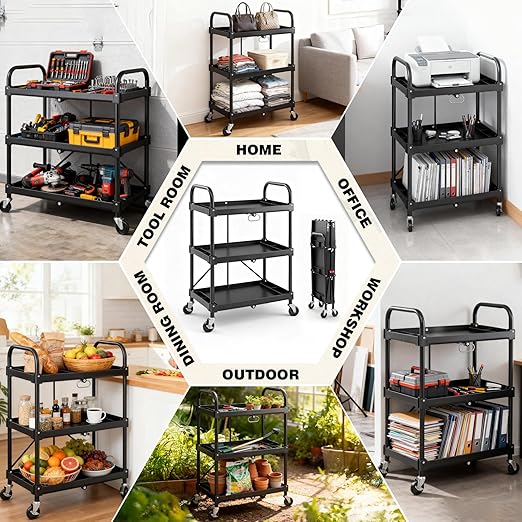 DUMOS 3-Tier Folding Utility Cart, Collapsible Service Cart with 4 Swivel Wheels and Brakes, 120LBS Capacity & Collapsible Storage Rolling Cart for Kitchen, Office, Garden, Garage, Pure Black