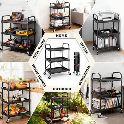 DUMOS 3-Tier Folding Utility Cart, Collapsible Service Cart with 4 Swivel Wheels and Brakes, 120LBS Capacity & Collapsible Storage Rolling Cart for Kitchen, Office, Garden, Garage, Pure Black