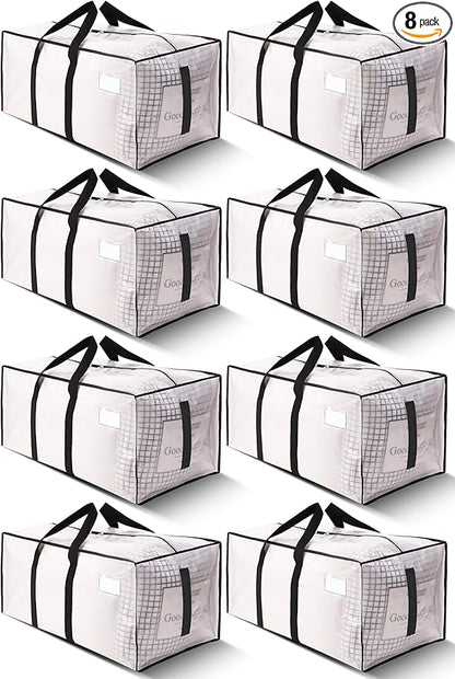 HOMESURE Supports 200lbs Heavy Duty Moving Bags - Strong Zipper & Wrap-Around Handles - Water-Resistant Storage Totes, Durable Alternative to Moving Boxes - 8 Pack - Semi-Transparent