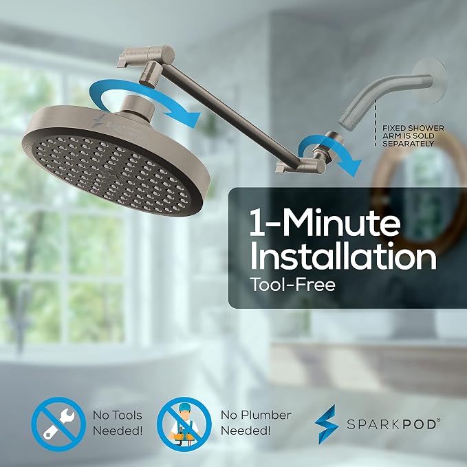 SparkPod 6" Round Rain Shower Head with 11" Shower Arm | Shower Head & Extension Arm Combo, Height Adjustable, High Pressure Performance, Easy 1-Minute Installation, Brushed Nickel