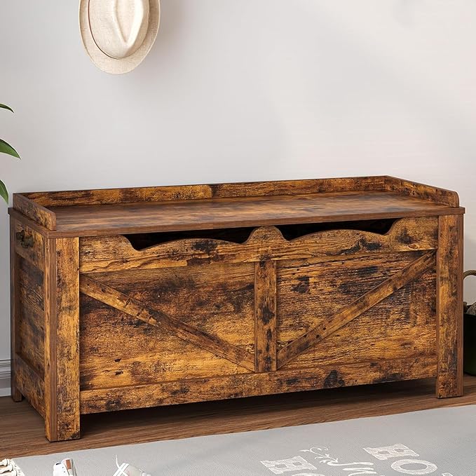 39.4" Storage Chest, Extra Large Storage Trunk with 2 Hinges, Wooden Box Bench, Lift-Top Organizer Chest, Shoe Bench for Entryway, Bedroom, Living Room, Rustic Brown SB04501X
