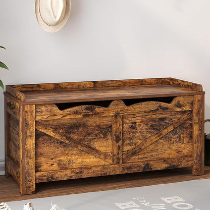 39.4" Storage Chest, Extra Large Storage Trunk with 2 Hinges, Wooden Box Bench, Lift-Top Organizer Chest, Shoe Bench for Entryway, Bedroom, Living Room, Rustic Brown SB04501X