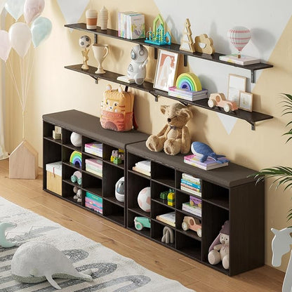 DINZI LVJ Shoe Storage Bench with Cushion, 16-Cubby Shoe Rack, Adjustable Shelves, Multifunctional Shoe Organizer Bench for Entryway, Mudroom, Hallway, Living Room, Bedroom and Garage, Espresso