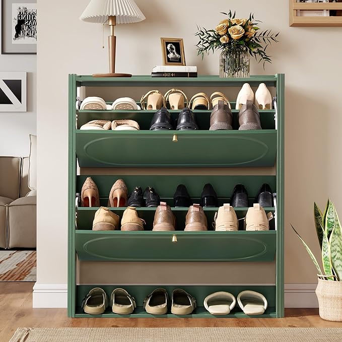 ORRD Shoe Storage Cabinet with 2 Flip Drawers Set of 2, Wood Narrow Shoe Cabinet for Entryway, Fluted Hidden Shoe Organizer, Freestanding Slim Shoes Cabinets for Foyer, Hallway-Green