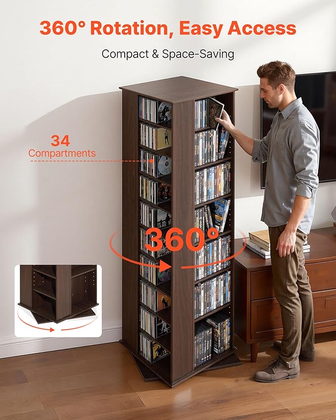 VEVOR Media Storage Cabinet, CD Rack Tower, 34 Compartments Rotating Media Tower Rack for CDs, DVDs, Books and Game Discs, DVD Stand for Living Room, Home Office and Recording Room, Brown