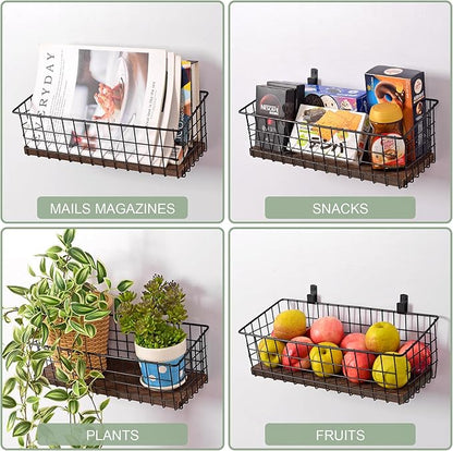 Wall Hanging Baskets 3 Pack, Diversified Wire Basket Shelves of Wooden Style, with Wall Mounted Hooks & Traceless Stickers, for Kitchen Coffee Bar Office Room Garage Storage Organization (Extra Large)