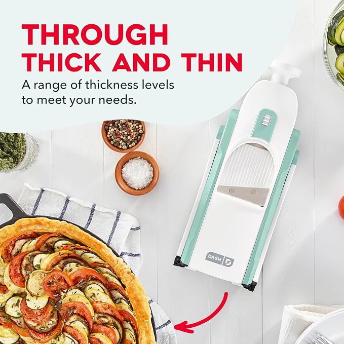 Dash Safe Slice® Mandoline - Compact, Foldable Food Slicer - Slice, Dice, Julienne & More - Perfect for Quick Food Prep - Recipe Guide Included - Aqua