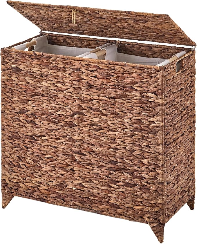 Large Laundry Hamper with Lid, Handwoven Natural Water Hyacinth Heightened Feet Laundry Basket, 2-Sections Wicker Clothes Hamper with Removable Liner Bag (Espresso, 120L)