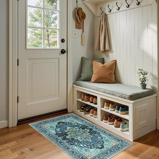 RELEANY Area Rugs Small 2'x4' Washable Non-Slip, Floral Vintage Distress Medallion Carpet for Kitchen Entryway Bathroom, Teal Green Lake Blue Turquoise