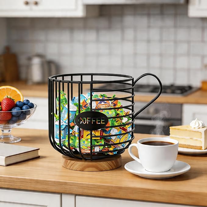 Coffee Pod Holder, 45+ Large Capacity Wire K Cup Storage Organizer with Solid Wood Base, Anti-Slip Coffee Capsule Holder for Kitchen Bar Counter, Compatible with K-Cups/Nespresso Espresso Capsules