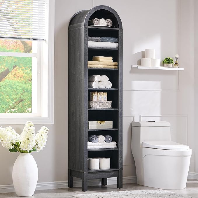 71" Tall Arched Bathroom Storage Cabinet, 8-Tier Modern Farmhouse Storage Cabinet with Adjustable Shelves, Wood Freestanding Cabinet for Bathroom, Living Room, Entryway, Hallway (Dark Grey)