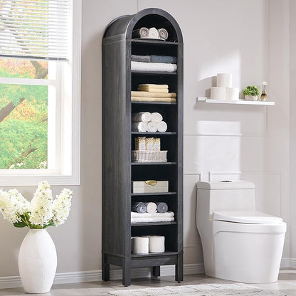 71" Tall Arched Bathroom Storage Cabinet, 8-Tier Modern Farmhouse Storage Cabinet with Adjustable Shelves, Wood Freestanding Cabinet for Bathroom, Living Room, Entryway, Hallway (Dark Grey)