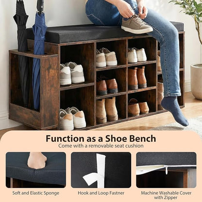 Tangkula Shoe Storage Bench with Umbrella Holder, 40" Shoe Organizer with Cushioned Seat, 10 Cubbies & Adjustable Shelves, Wooden Industrial Shoe Rack for Entryway, Living Room, Bedroom (Rustic Brown)