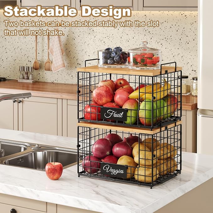 keomaisyto Pantry Organizers and Storage, 2 Set XXL Stackable Wire Baskets with Wooden Tops & Tags, Kitchen Counter Organizers Bins for Potato, Onion, Produce, Fruit, Vegetable
