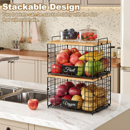 keomaisyto Pantry Organizers and Storage, 2 Set XXL Stackable Wire Baskets with Wooden Tops & Tags, Kitchen Counter Organizers Bins for Potato, Onion, Produce, Fruit, Vegetable