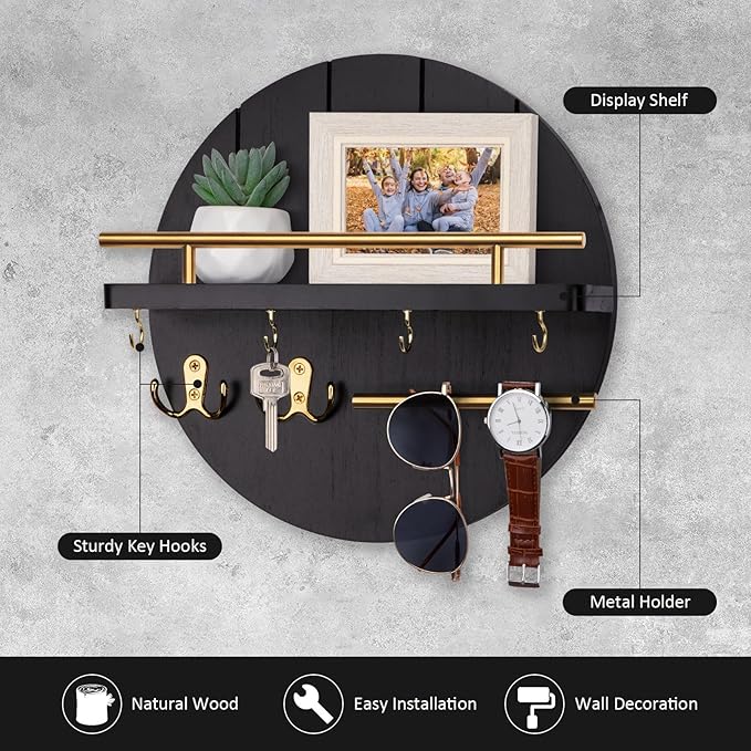 Nekon Wall Mount Key Holder, 11.8 Inch Rack With Shelf and 6 Hooks, Rustic Mail Organizer, Circular Wooden Hanger for Entryway Hallway Kitchen (Black&Gold)