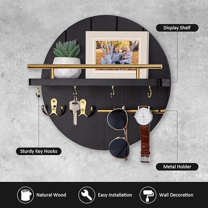 Nekon Wall Mount Key Holder, 11.8 Inch Rack With Shelf and 6 Hooks, Rustic Mail Organizer, Circular Wooden Hanger for Entryway Hallway Kitchen (Black&Gold)