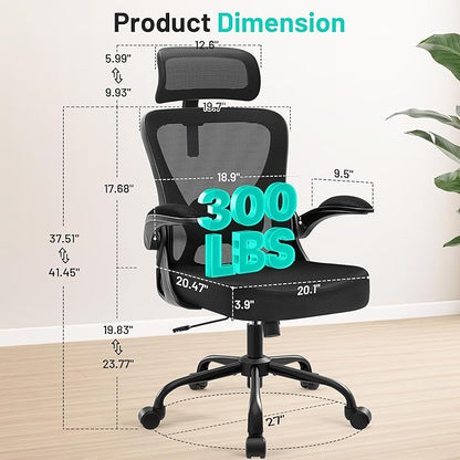Office Chair - Ergonomic Desk Chair Breathable Mesh Chair with 2D Headrest & Adjustable Lumbar Support - Executive High Back Rolling Swivel Computer Gaming Chair with Wheels Flip-up Armrests