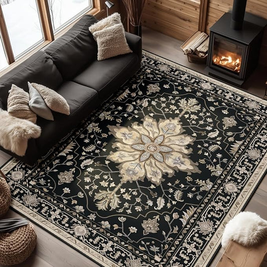 RELEANY Area Rugs 7'x9' Washable Non-Slip, Floral Vintage Distress Medallion Carpet for Living Room Bedroom Dining Room, Black Brown Neutral Dark Tan