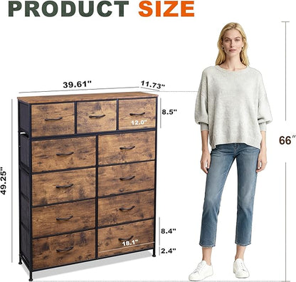 Tall Console Table with 11 Fabric Drawers, Entryway Table with Storage, Tall Storage Organizer with Wood Top, Steel Frame for Living Room, Hallway, Office, Rustic Brown