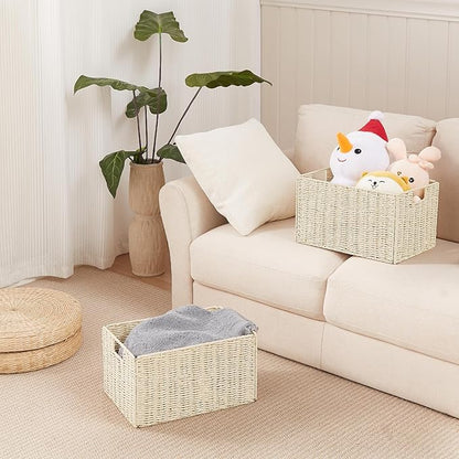Vagusicc Wicker Storage Basket, Set of 2 Hand-Woven Paper Rope Wicker Basket, Small Storage Baskets for Organizing Toilet Paper Basket, Foldable Large Cube Storage Organizer Bins for Shelves (Beige)