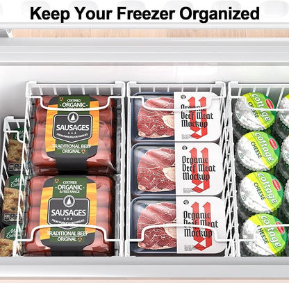 MSERCUOR Freezer Organizer Bins, 4 Pack Stackable Deep Chest Freezer Organizer Bins, Foldable Baskets with Handles, White Storage Container Baskets for 5/ 7 Cu.FT Sort Frezen Meats