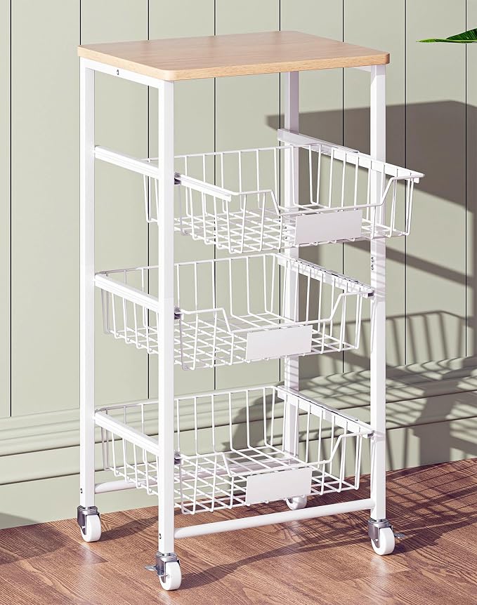 OKZEST 4-Tier Kitchen Storage Cart on Wheels – Mobile Fruit Basket Stand with Drawers & Wooden Top, Small Rolling Pantry Shelf for Potatoes, Onions, Bottled Drinks, Cans, Snacks – Includes 3 PE Liners
