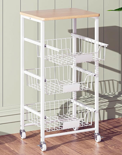 OKZEST 4-Tier Kitchen Storage Cart on Wheels – Mobile Fruit Basket Stand with Drawers & Wooden Top, Small Rolling Pantry Shelf for Potatoes, Onions, Bottled Drinks, Cans, Snacks – Includes 3 PE Liners