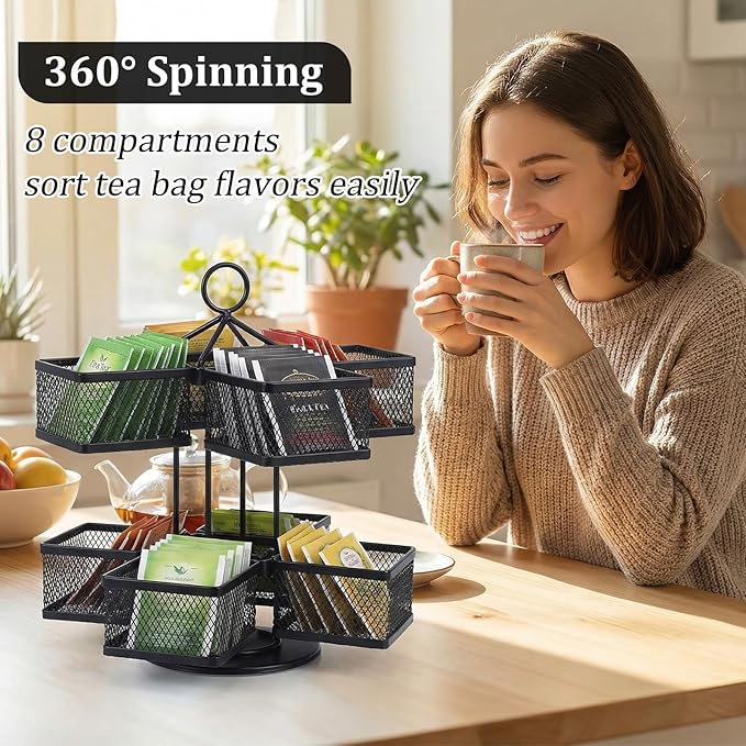 Tea Bag Organizer, Tea Bag Storage Holder Carousel 96 Teabags Container, Lazy Susan Coffee Creamer, Rotating Metal Caddy for Kitchen Counter, Cabinet, Pantry Shelf Organizer