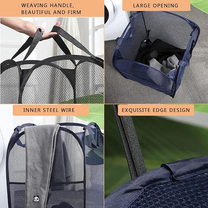2 Laundry Baskets, pop-up Laundry Baskets, Foldable mesh Laundry Baskets (Each with 2 Reinforced Handles)…, Blue