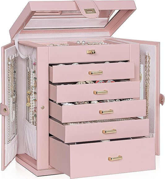 AKOZLIN 6-Tier Jewelry Box Organizer Functional 5 Drawers Leather Jewelry Storage Case for Women Girls Ring Necklace Earring Bracelet Holder Organizer with Mirror XL Pink 360° Rotating