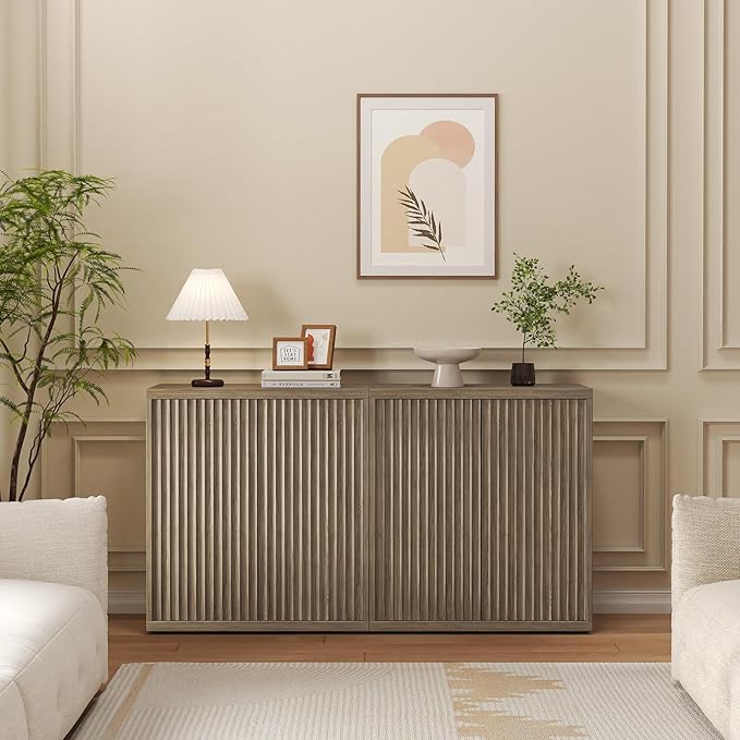31” Sideboard Cabinet with Storage, Fluted Accent Cabinet with Adjustable Shelves, Modern Wood Credenza Cabinets with Pop-up Doors for Entryway Kitchen Living Room Hallway, Brown 3 Pcs