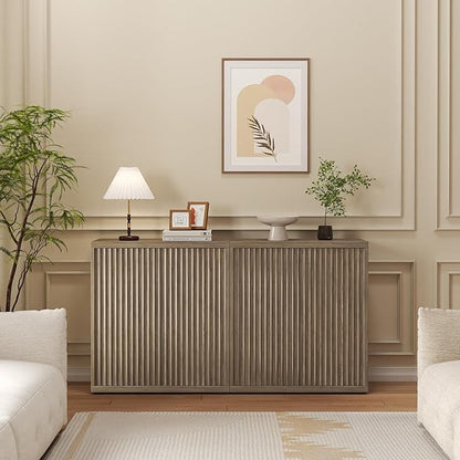 31” Sideboard Cabinet with Storage, Fluted Accent Cabinet with Adjustable Shelves, Modern Wood Credenza Cabinets with Pop-up Doors for Entryway Kitchen Living Room Hallway, Brown 3 Pcs